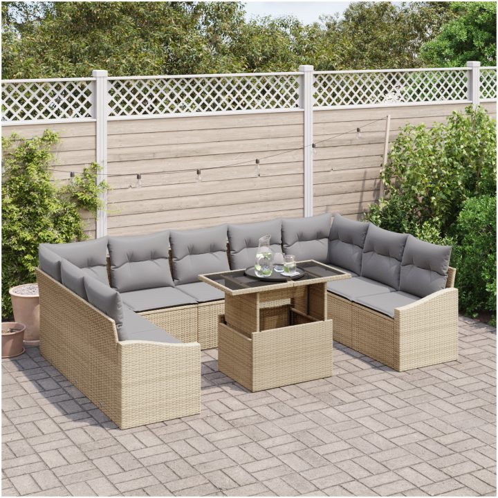 10-delars trädgårdsoffset med beige kuddar i polyrotting vidaXL 100 x 55 x 73 cm – bild 3