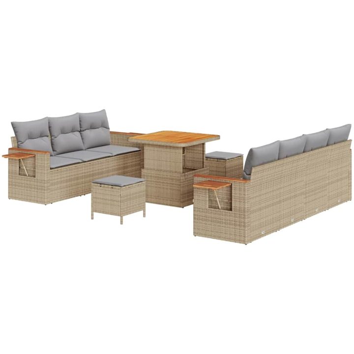 10-delars Trädgårdsoffset med Dynor Beige Poly Rattan Akacia vidaXL Stor – bild 2