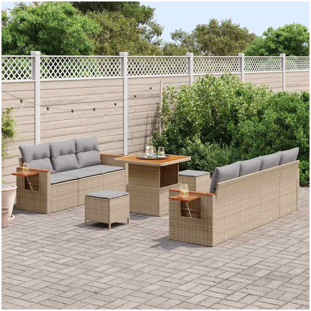 10-delars Trädgårdsoffset med Dynor Beige Poly Rattan Akacia vidaXL Stor – bild 3