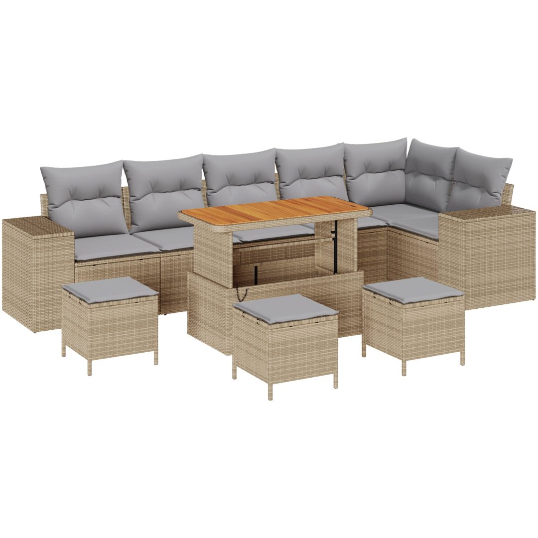10-delars trädgårdsoffset med kuddar Beige Poly Rattan Akacia vidaXL Medium – bild 2