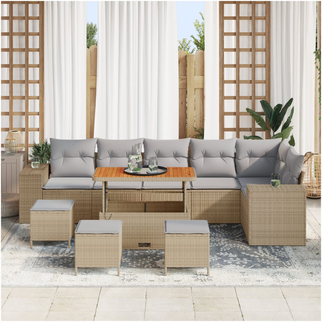 10-delars trädgårdsoffset med kuddar Beige Poly Rattan Akacia vidaXL Medium – bild 3