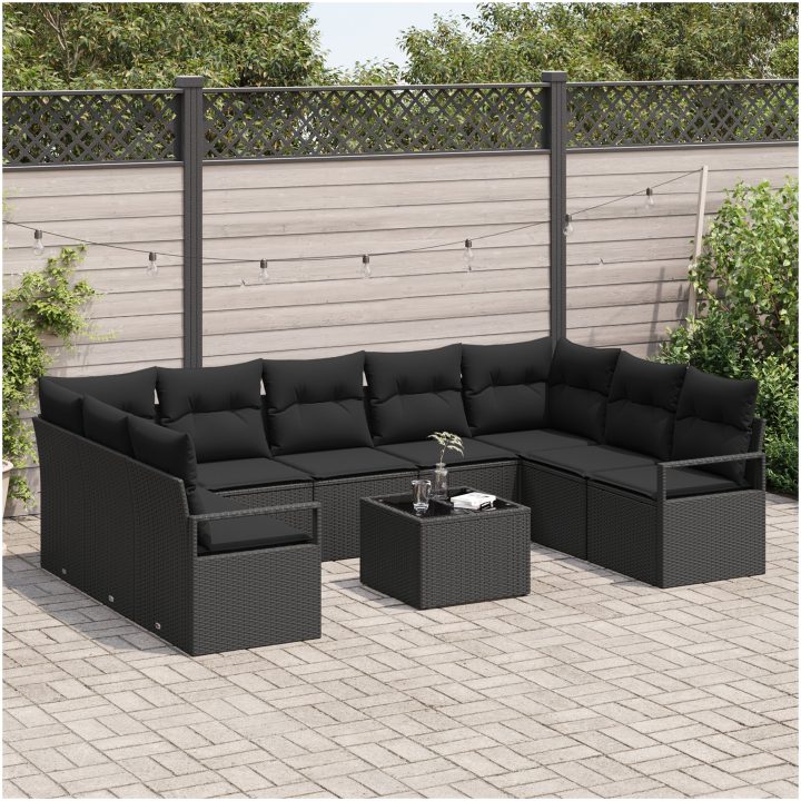 10-delars trädgårdsoffset med kuddar beige poly rattan vidaXL Stor – bild 3