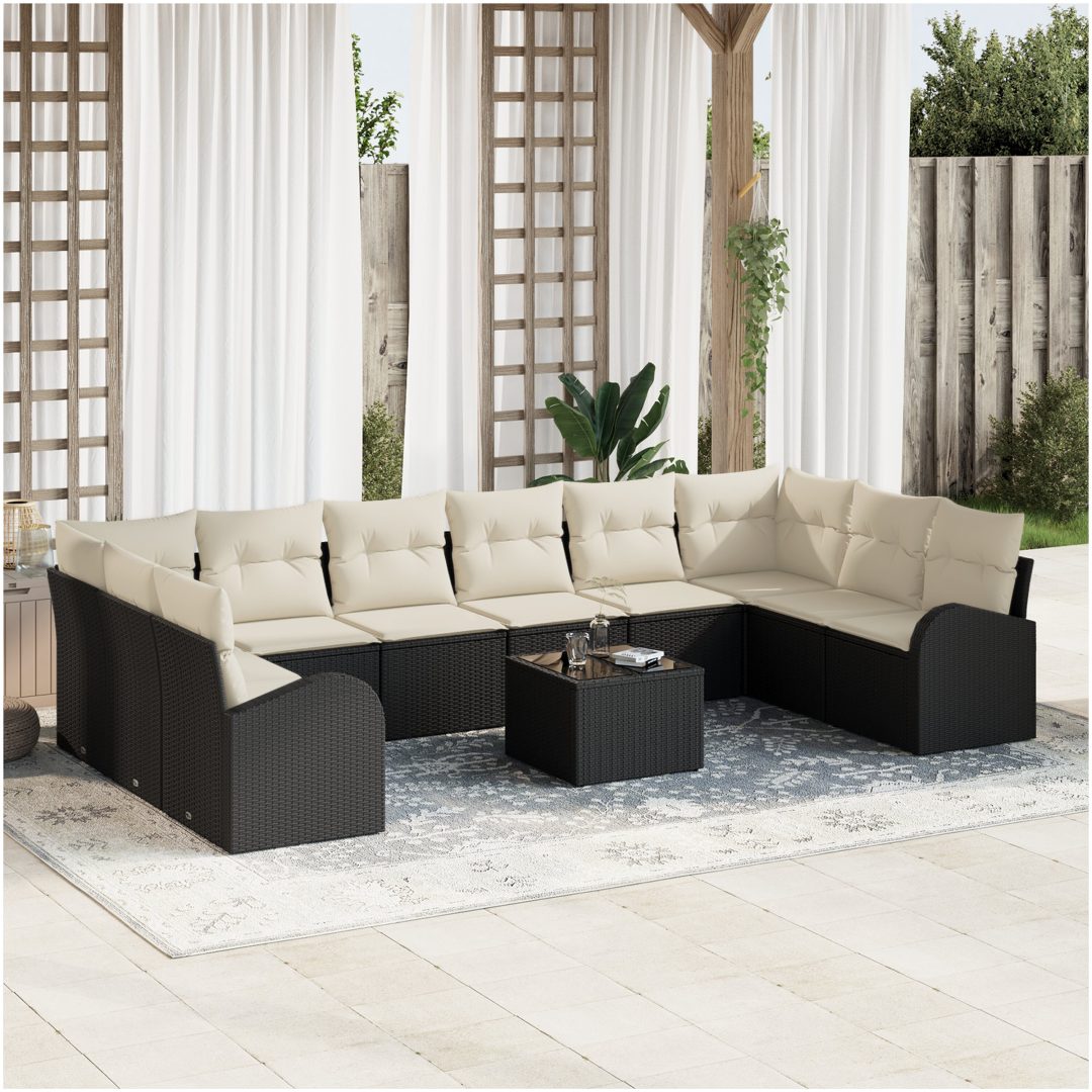 10-delars trädgårdsoffset med kuddar, brun poly rattan. vidaXL 344 x 179 x 85 cm