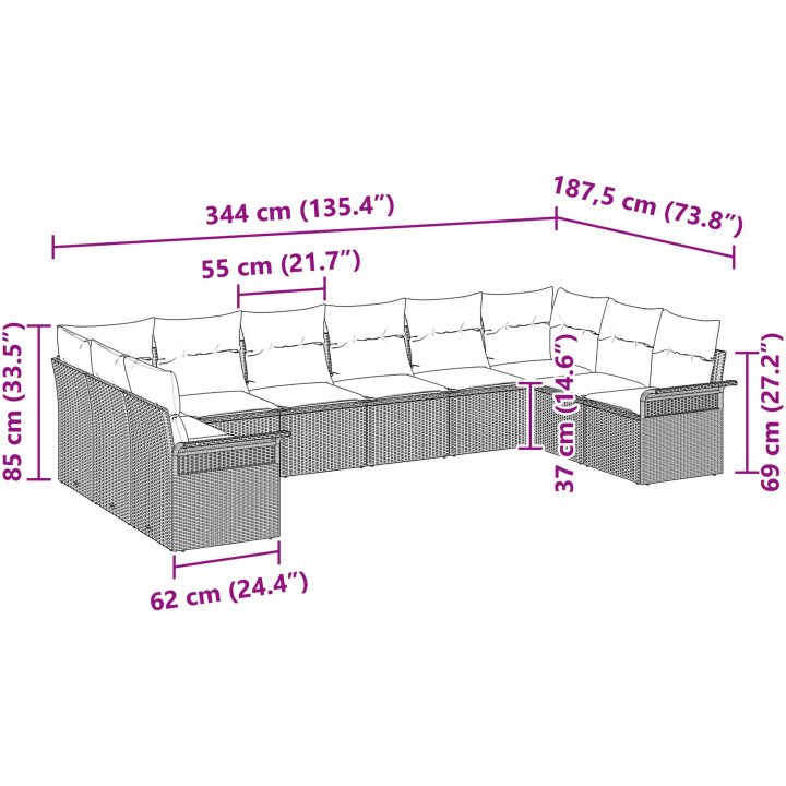 10-delars Trädgårdsoffset med kuddar Grå Poly Rattan vidaXL 344 x 187,5 x 85 cm – bild 11