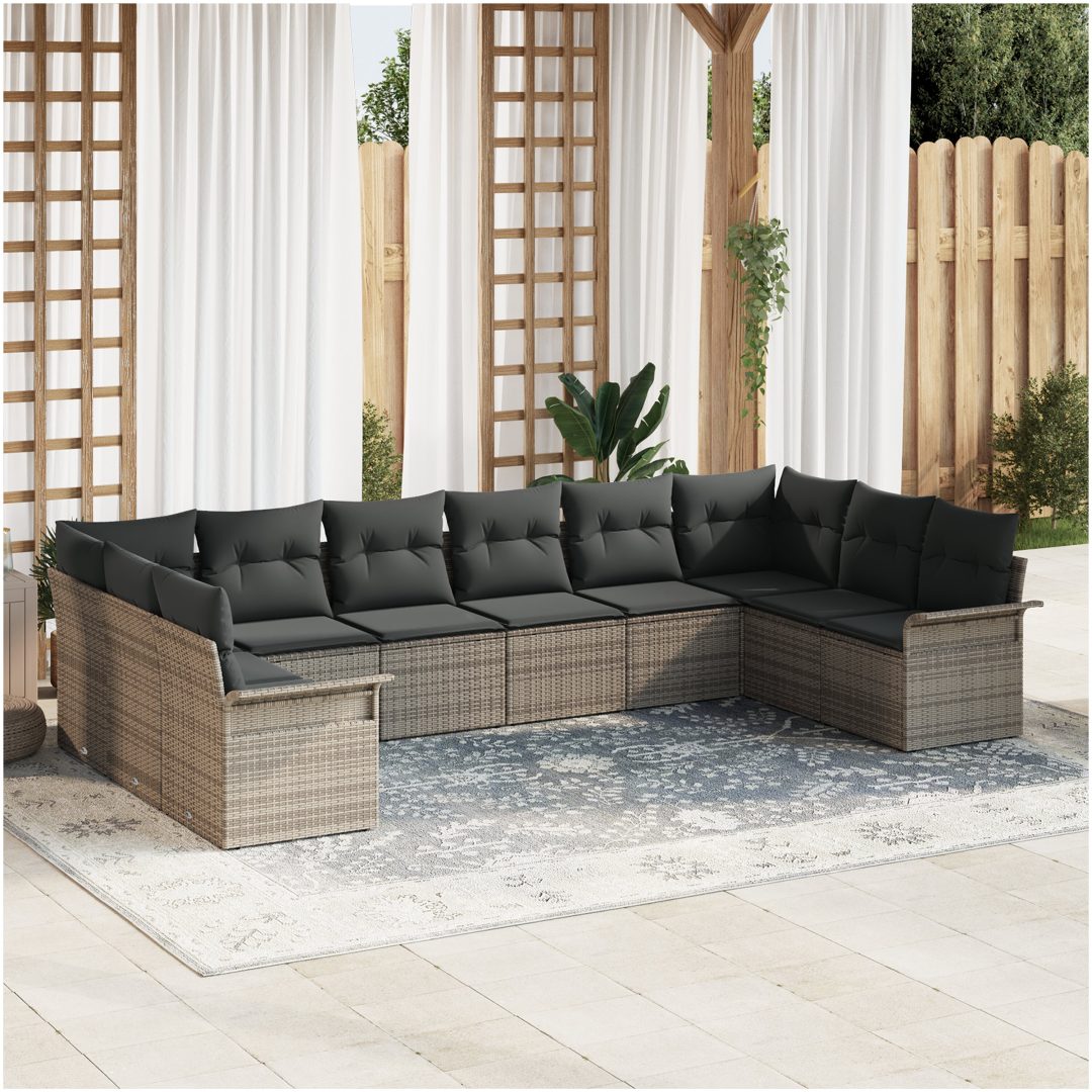 10-delars Trädgårdsoffset med kuddar Grå Poly Rattan vidaXL 344 x 187,5 x 85 cm