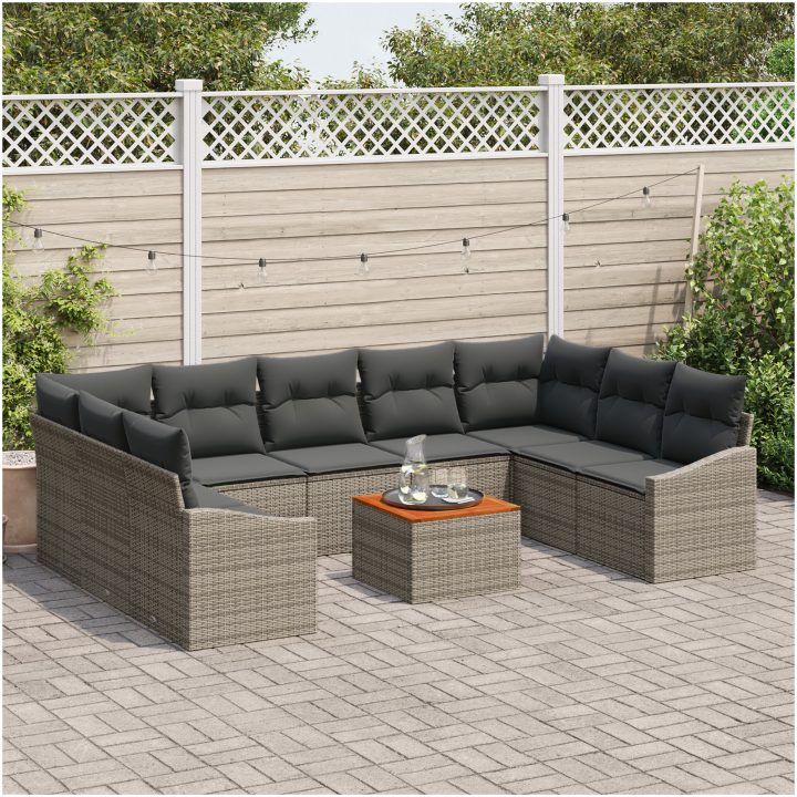 10-delars trädgårdsoffset med kuddar i grå poly rattan vidaXL 55 x 55 x 37 cm – bild 3