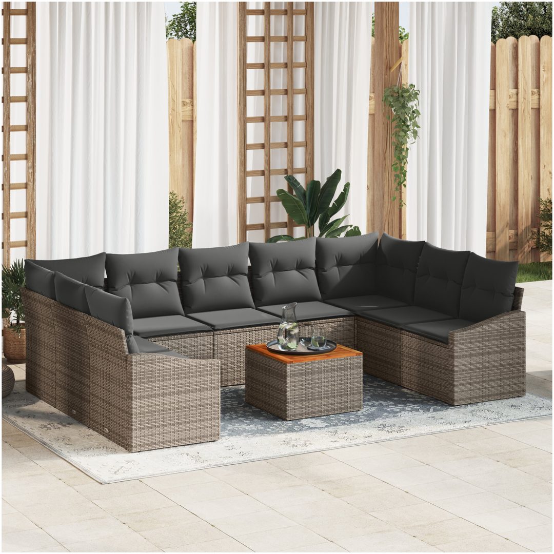 10-delars trädgårdsoffset med kuddar i grå poly rattan vidaXL 55 x 55 x 37 cm