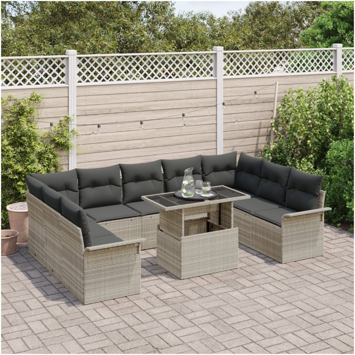 10-delars trädgårdsoffset med kuddar i ljusgrå polyrotangräns vidaXL 100 x 55 x 73 cm – bild 3