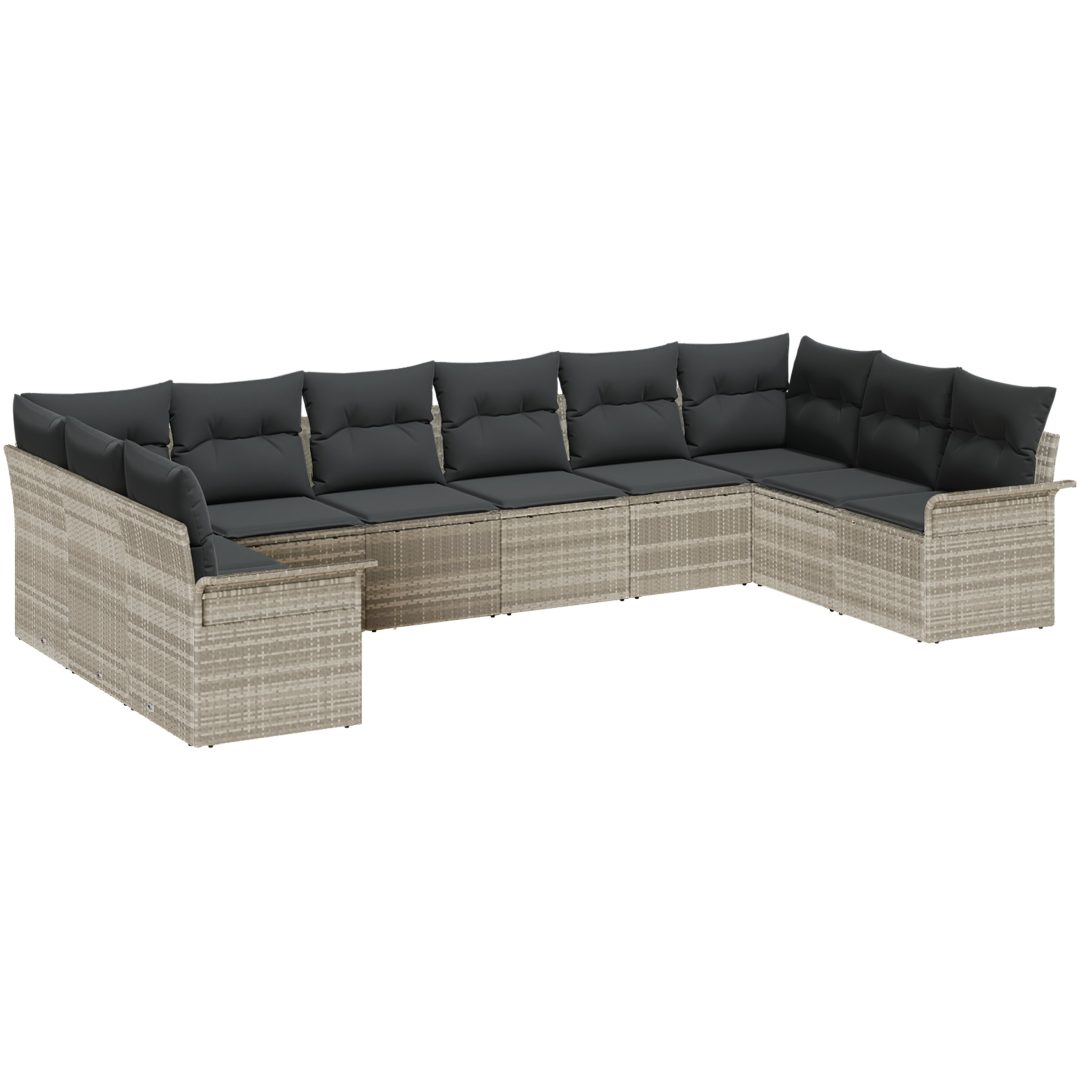10-delars trädgårdsoffset med kuddar Ljusgrå Poly Rattan vidaXL 344 x 187,5 x 85 cm – bild 2