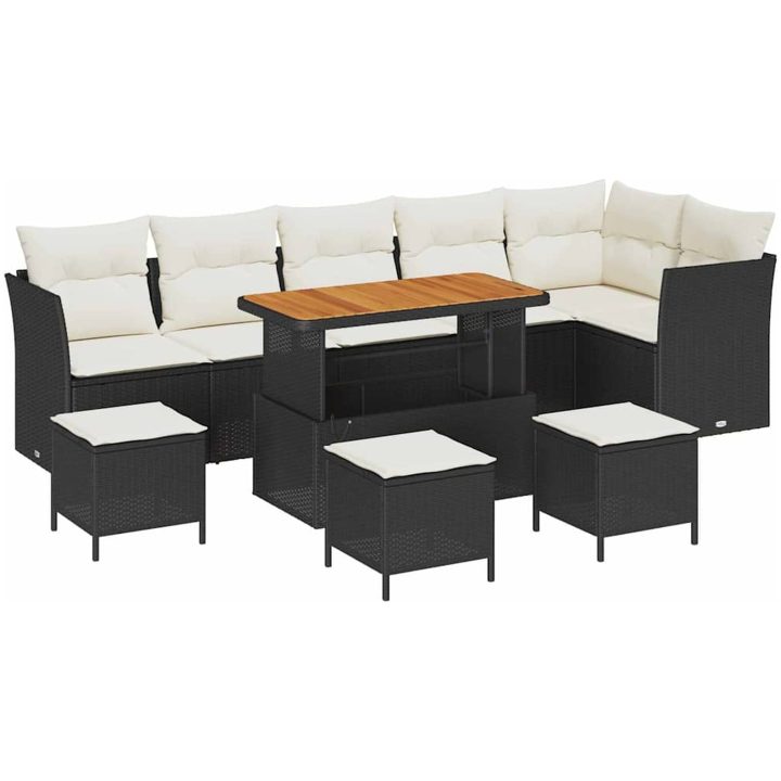 10-delars trädgårdsoffset med kuddar svart poly rattan acacia vidaXL Stor – bild 2