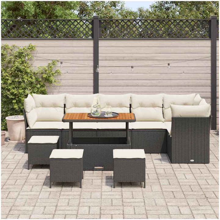 10-delars trädgårdsoffset med kuddar svart poly rattan acacia vidaXL Stor – bild 3
