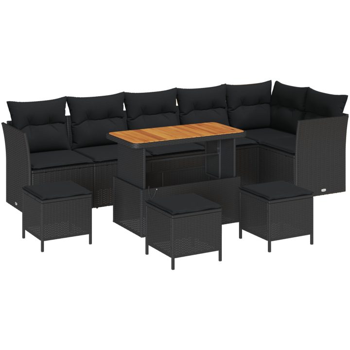 10-delars trädgårdsoffset med kuddar svart poly rattan akacia vidaXL Standard – bild 2
