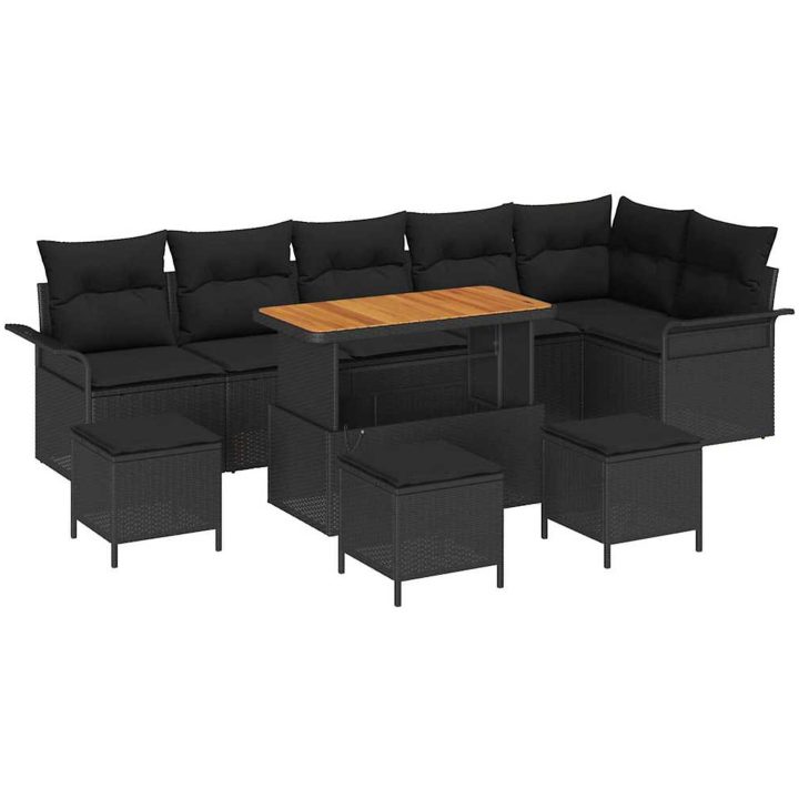 10 Delars Trädgårdsoffset med Kuddar Svart Poly Rattan Akacia vidaXL Stor – bild 2