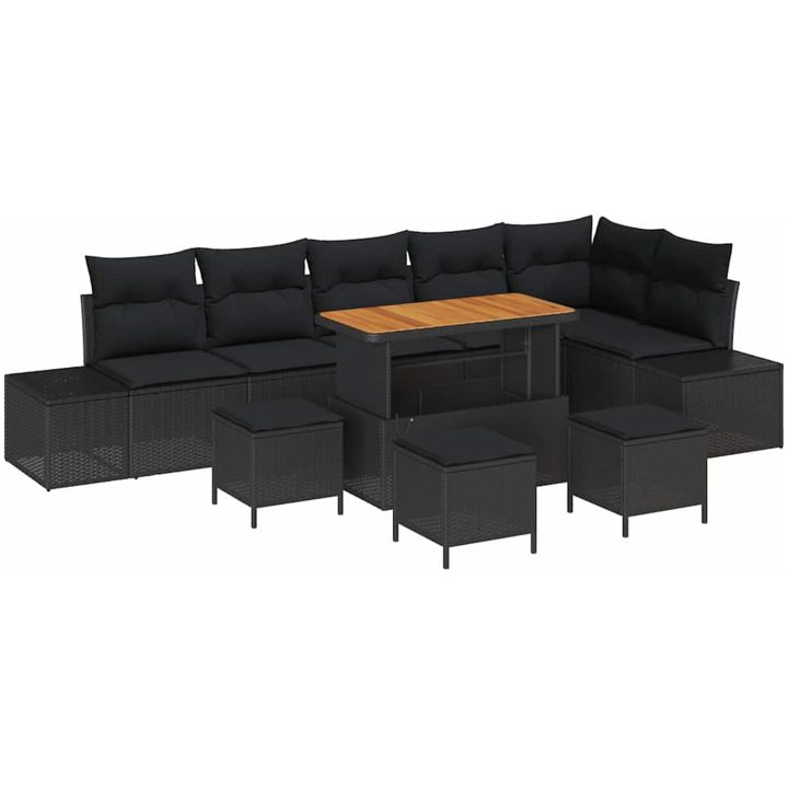 10 Delars Trädgårdsoffuppsättning med Kuddar Svart Poly Rattan Akacia vidaXL Stor – bild 2