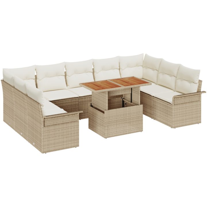 10-delars trädgårdsset med kuddar, beige poly-rattan och akacia. vidaXL 100 x 55 x 73 cm – bild 2