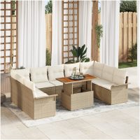 10-delars trädgårdsset med kuddar, beige poly-rattan och akacia. vidaXL
