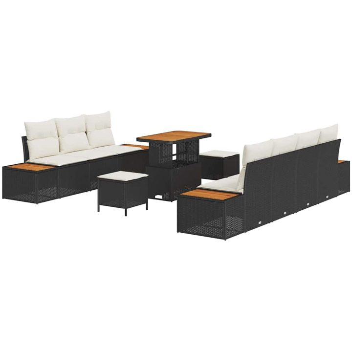 10 Delars Trädgårdssoffa Set med Kuddar Svart Poly Rattan Akacia vidaXL Stor – bild 2