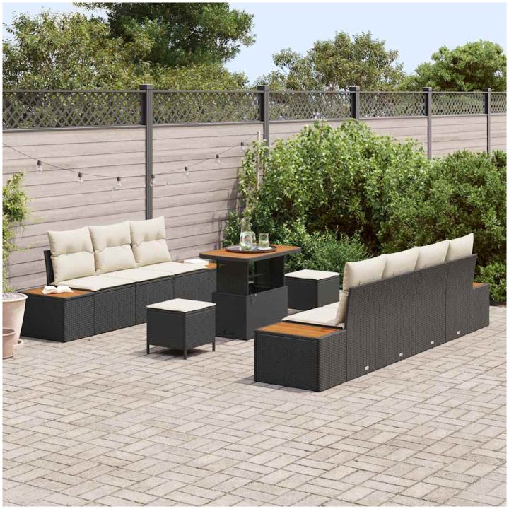 10 Delars Trädgårdssoffa Set med Kuddar Svart Poly Rattan Akacia vidaXL Stor – bild 3