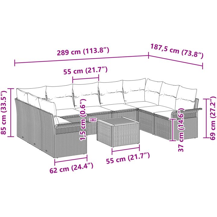 10 Delars Trädgårdssoffaset med Kuddar Svart Poly Rattan Akacia vidaXL 55 x 55 x 37 cm – bild 9