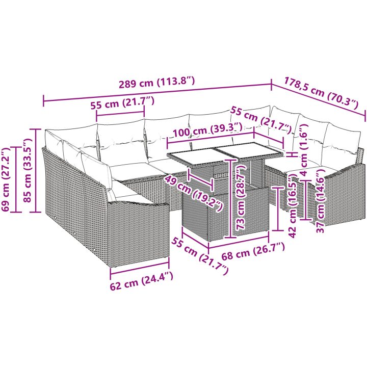 10-delars trädgårdssoffgrupp med kuddar, brun poly rattan vidaXL 100 x 55 x 73 cm – bild 11