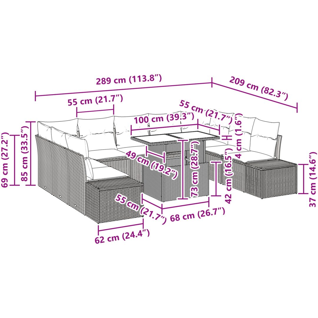 10-delars trädgårdssoffgrupp med kuddar i beige poly-rattan vidaXL 100 x 55 x 73 cm – bild 11