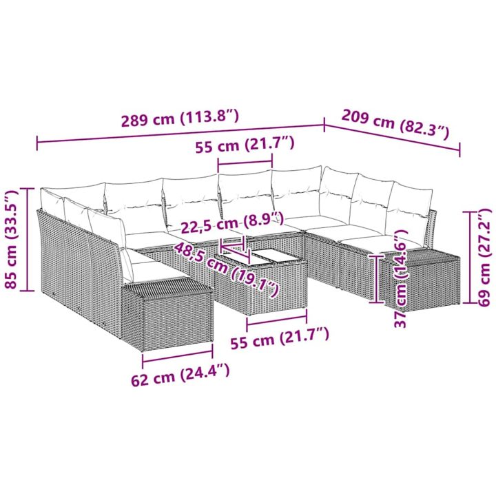 10-delars trädgårdssoffgrupp med kuddar i svart konstrotting vidaXL 55 x 55 x 37 cm – bild 9