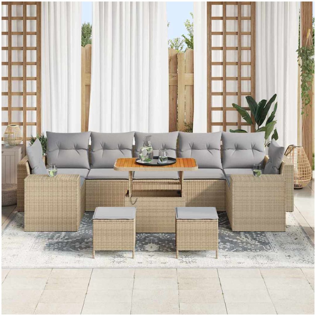 10-delars trädgårdssoffset med kuddar beige poly rattan acacia vidaXL Fullstorlek – bild 3