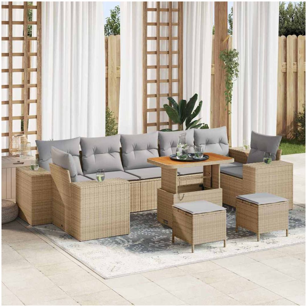 10-delars trädgårdssoffset med kuddar beige poly rattan acacia vidaXL Fullstorlek