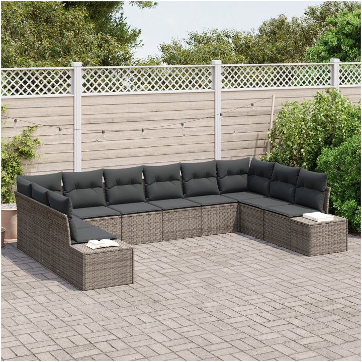 10-delars trädgårdssoffset med kuddar grå poly rattan vidaXL 344 x 209 x 85 cm – bild 3