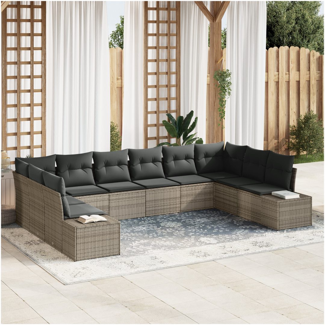 10-delars trädgårdssoffset med kuddar grå poly rattan vidaXL 344 x 209 x 85 cm
