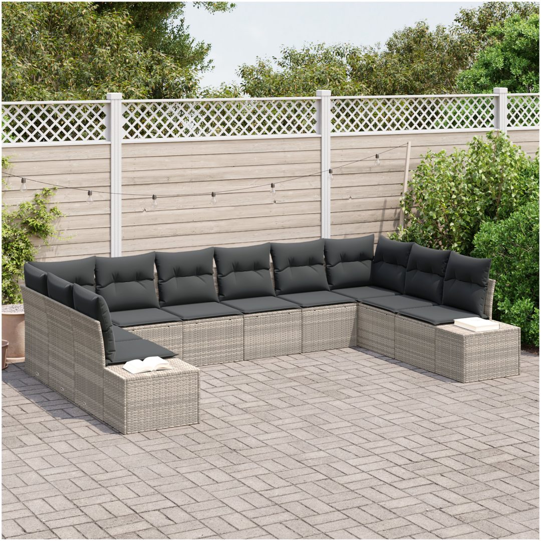 10-delars trädgårdssoffset med kuddar ljusgrå polyrotting vidaXL 344 x 209 x 85 cm – bild 3