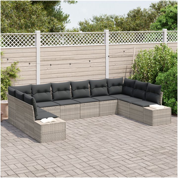 10-delars trädgårdssoffset med kuddar ljusgrå polyrotting vidaXL 344 x 209 x 85 cm – bild 3