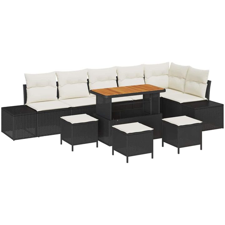 10-delars trädgårdssoffset med kuddar svart poly rattan akacia vidaXL Medium – bild 2