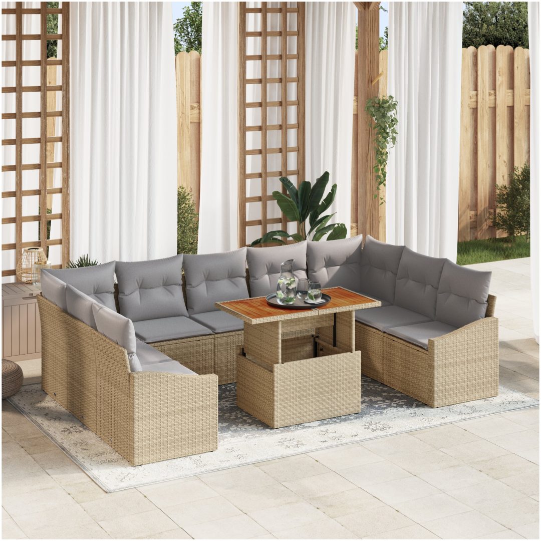 10-delars utegrupp med kuddar i beige poly rattan vidaXL 100 x 55 x 73 cm