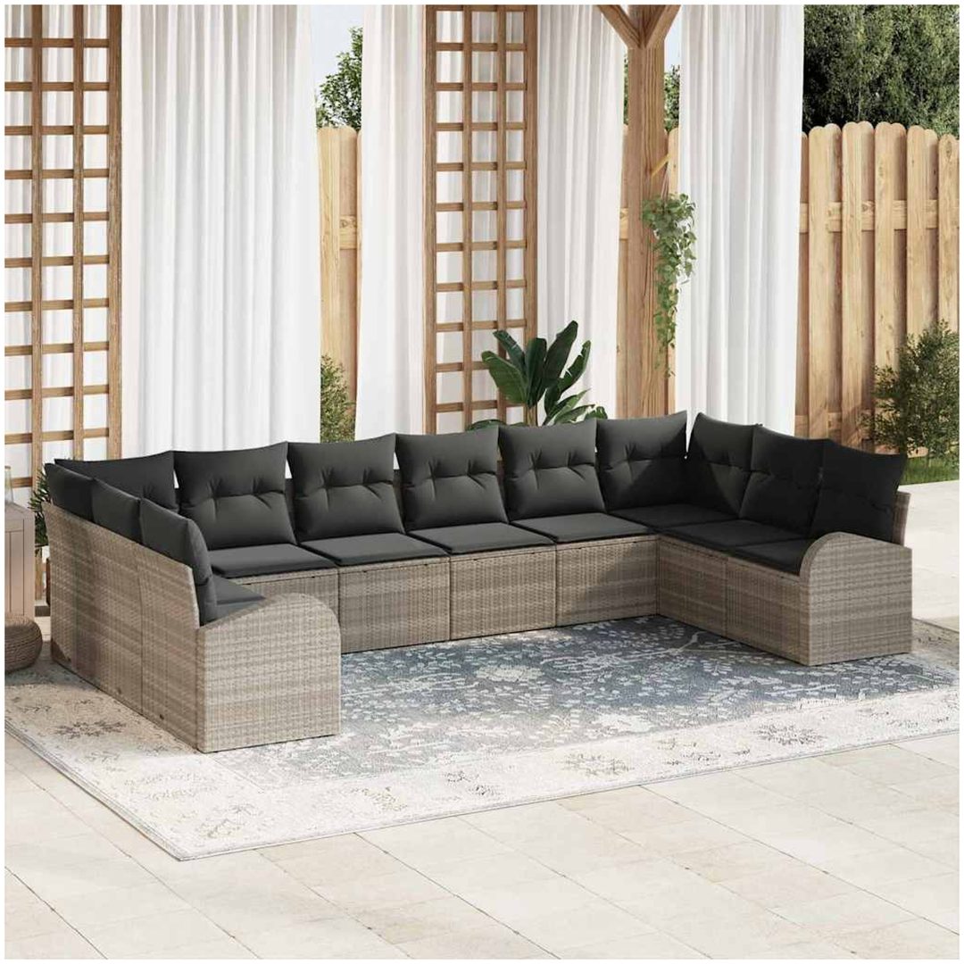 10 Delars Utegrupp med Kuddar i Ljusgrå Poly Rattan vidaXL 344 x 179 x 85 cm