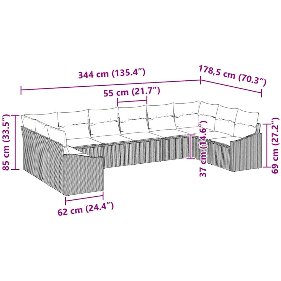 10-delars utematbord med kuddar i brun polyrotting vidaXL 344 x 178,5 x 85 cm – bild 11