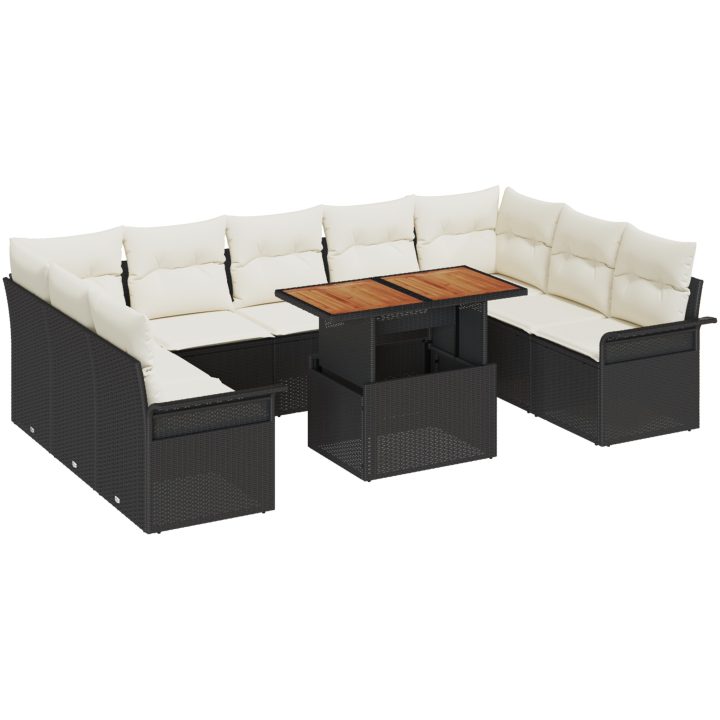 10-delars utemöbelset med kuddar, svart poly rattan och acacia vidaXL 100 x 55 x 73 cm – bild 2