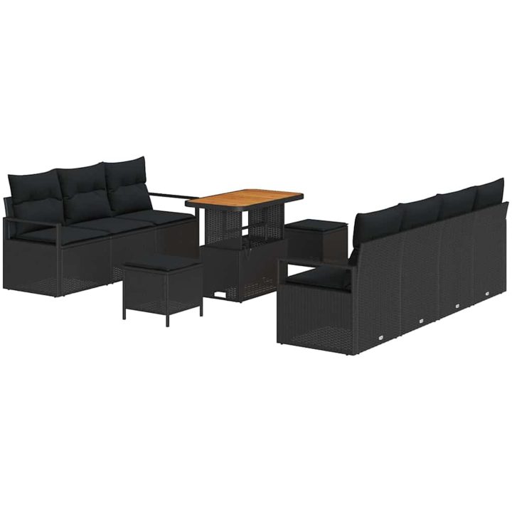 10-delat trädgårdsofa-set med kuddar svart poly rattan akacia vidaXL Medium – bild 2