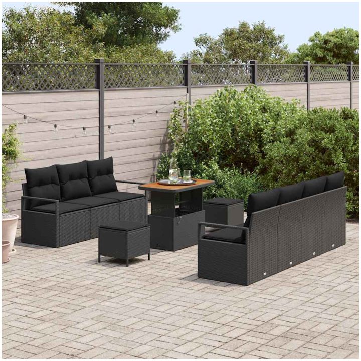 10-delat trädgårdsofa-set med kuddar svart poly rattan akacia vidaXL Medium – bild 3