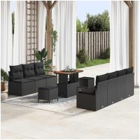 10-delat trädgårdsofa-set med kuddar svart poly rattan akacia vidaXL