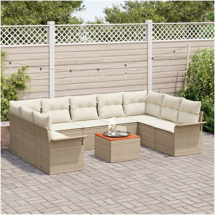 10-delat trädgårdsoff-set med kuddar beige poly rattan akacia vidaXL 55 x 55 x 37 cm – bild 3