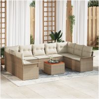 10-delat trädgårdsoff-set med kuddar beige poly rattan akacia vidaXL