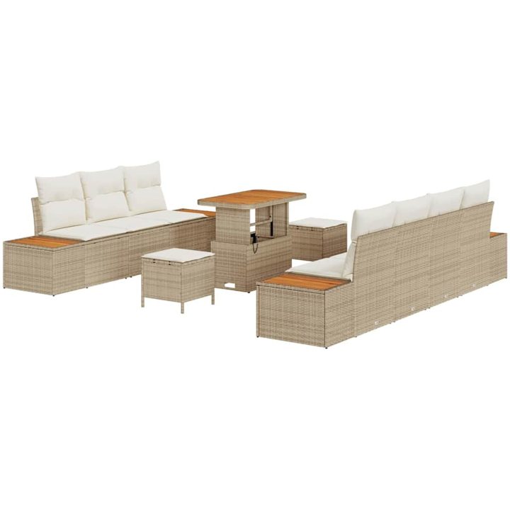 10-delat trädgårdsoff-set med kuddar beige poly rattan akaciaträd vidaXL Stor – bild 2