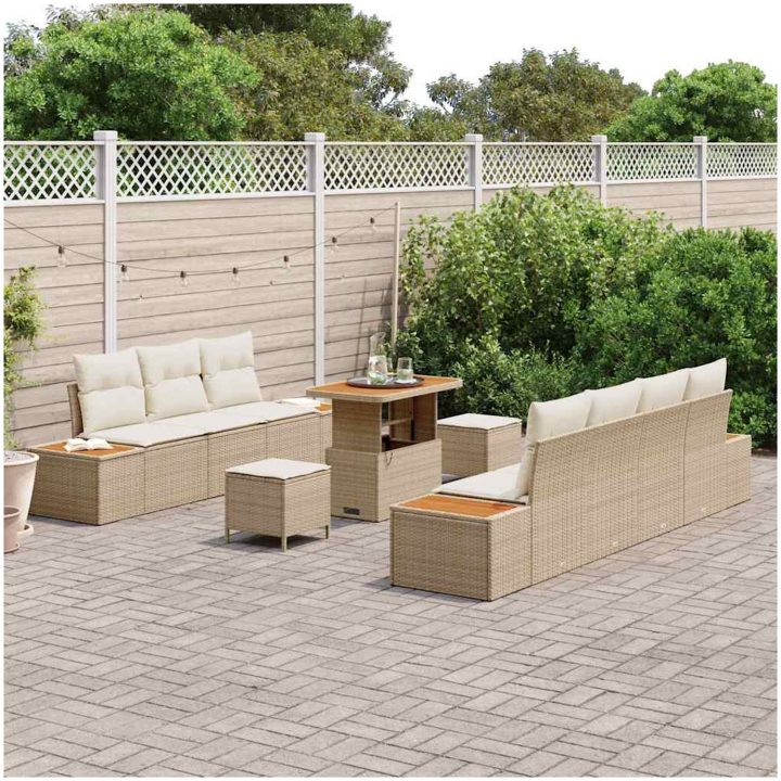 10-delat trädgårdsoff-set med kuddar beige poly rattan akaciaträd vidaXL Stor – bild 3