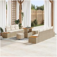 10-delat trädgårdsoff-set med kuddar beige poly rattan akaciaträd vidaXL