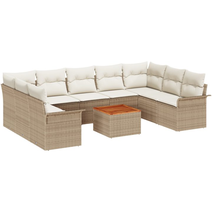 10-delat trädgårdsoff-set med kuddar beige polyrotting akacia vidaXL Standard – bild 2