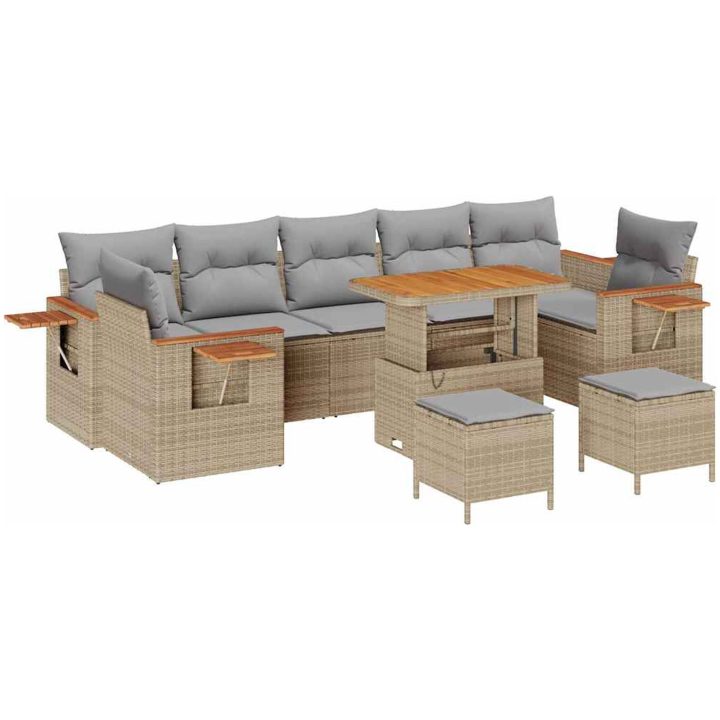 10-delat trädgårdsoff set med kuddar beige polyrotting akaciaträd vidaXL Stor – bild 2
