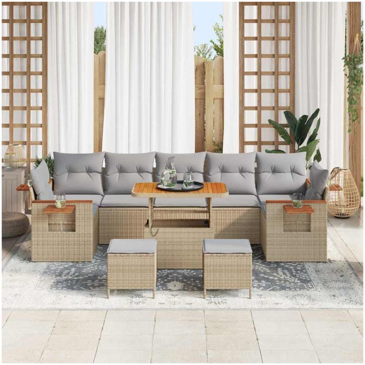 10-delat trädgårdsoff set med kuddar beige polyrotting akaciaträd vidaXL Stor – bild 3