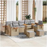 10-delat trädgårdsoff set med kuddar beige polyrotting akaciaträd vidaXL