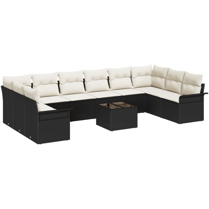 10-delat trädgårdsoff-set med kuddar svart konstrotting vidaXL 55 x 55 x 37 cm – bild 2
